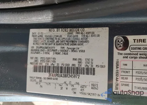2011 Ford Fusion Sel from USA, damaged, VIN 3FAHP0JA3BR245972